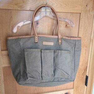 Smith & Hawken Wax Canvas Garden Tote Bag Leather Trim Tool Organizer Green Tan